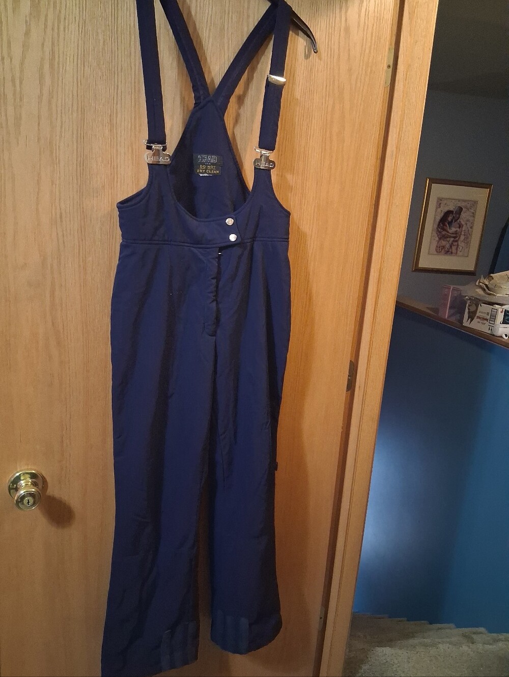 vintage pair ski bib overalls by HEAD, .silver-tone metallic buckle clip